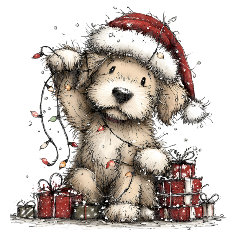 Cute christmas dog wearing santa hat tangled in fairy lights with gift boxes, Grey Barn Handwerk, Saskatchewan.